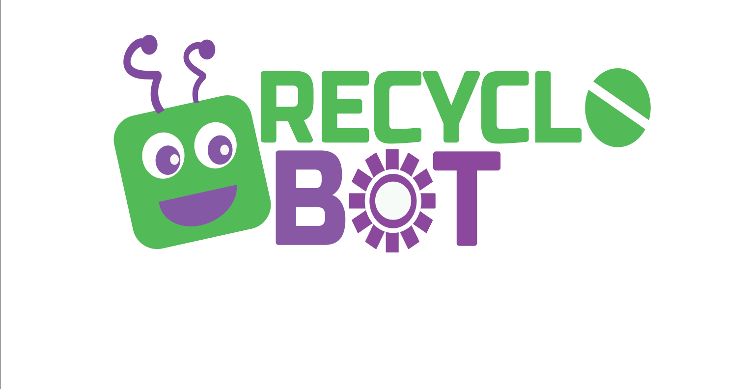 recyclobot logo; green and purple text with a kiddish style font and a smiling robot face to the left.